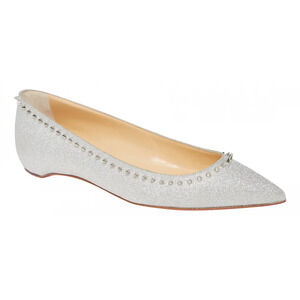 Christian Louboutin Anjalina Flat Silver Glitter Spike Pointed Ballerina 38.5